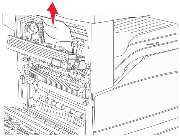 Line drawing of an open computer case with a red arrow pointing to the internal components (no text or symbols).