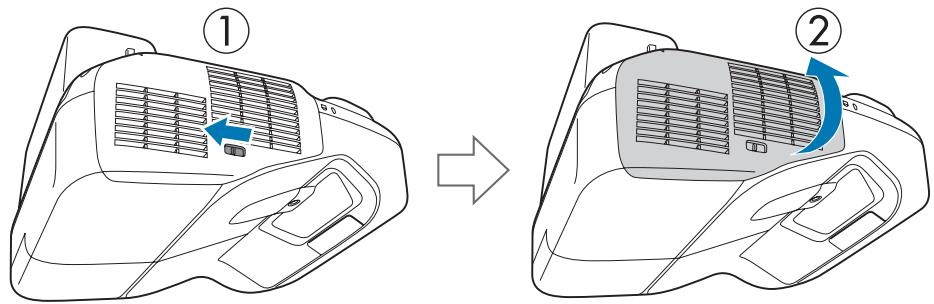 EPSON EB-1420WI - Ouvrez le capot du filtre a air, puis ajustez la mise au point avec le levier de mise au point - 1