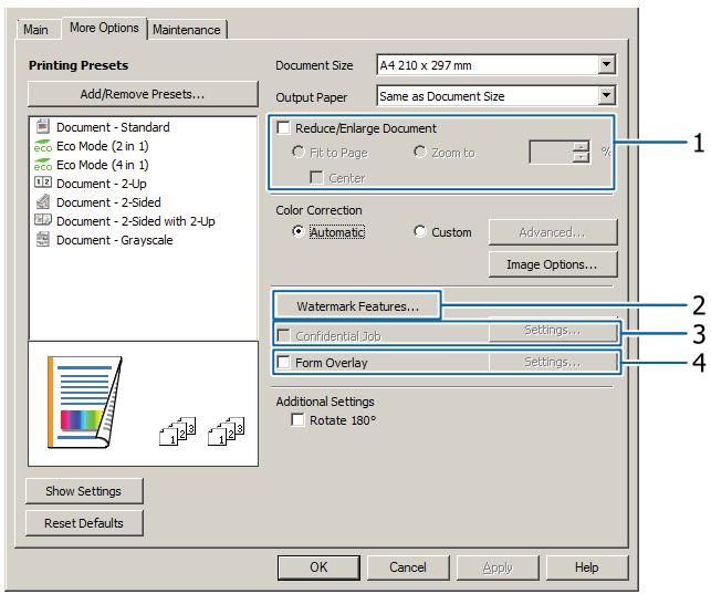 EPSON WORKFORCE AL-C300N - Configuration de l'écran More Options (Plus d'options) - 1