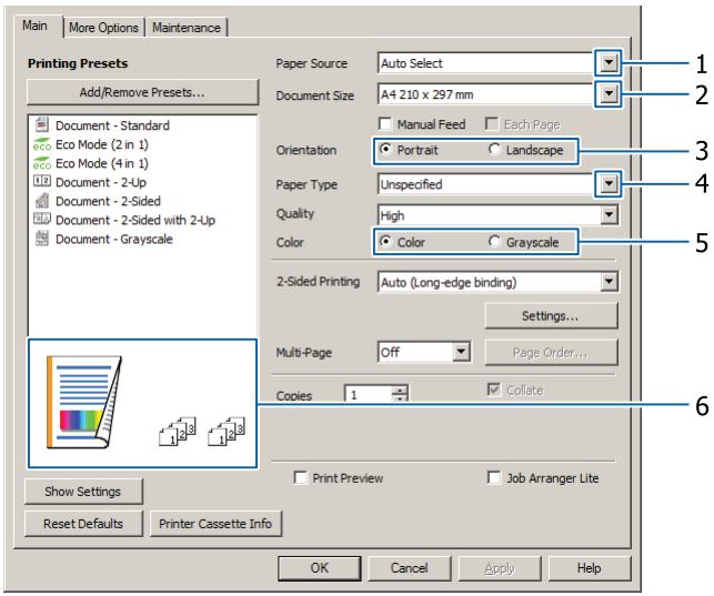 EPSON WORKFORCE AL-C300N - Cliquez sur Properties (Propriétés) ou Printing Preferences (Préférences d'impression). L'écran Main (Principal) du pilote d'impression s'affiche. - 1