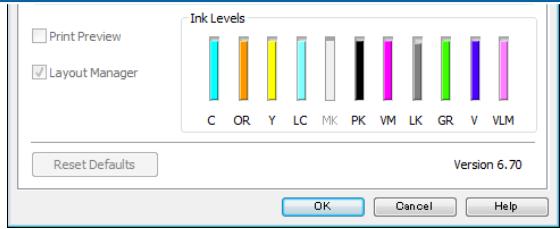 Ink Levels C OR Y LC Mk PK VM LK GR V VLM Reset Defaults Version 6.70 OK Cancel Help