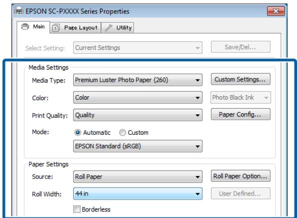 EPSON SC-PXXXX Series Properties Main Page Layout Utility Select Setting: Current Settings Save/Del... Media Settings Media Type: Premium Luster Photo Paper (260) Custom Settings... Color: Color Photo Black Ink Print Quality: Quality Paper Config... Mode: Automatic Custom EPSON Standard (sRGB) Paper Settings Source: Roll Paper Roll Paper Option... Roll Width: 44 in User Defined... Borderless