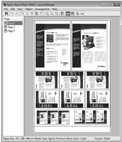 Epson Stylist Photo XXXXX - Layout Manager File Edit View Object Arrangement Help Page Page 1 Page 2 Page 3 Paper Size : A3+ 329 x 483 mi Media Type : Epsilon Premium Gloss Color : Color Source : Sheet