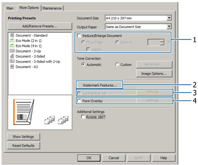EPSON WORKFORCE AL-M8100DTN - Configuration de l'écran More Options (Plus d'options) - 1