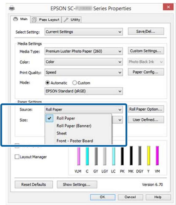 EPSON SURECOLOR SC-P10000 - Selectionnez Roll Paper (Papier rouleau) ou Roll Paper (Banner) (Papier rouleau (Bannière)) dans la liste Source. - 1