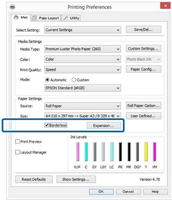 EPSON SURECOLOR SC-P10000 - Sélectionnez Borderless (Sans marges), puis cliquez sur Expansion (Extension). - 1