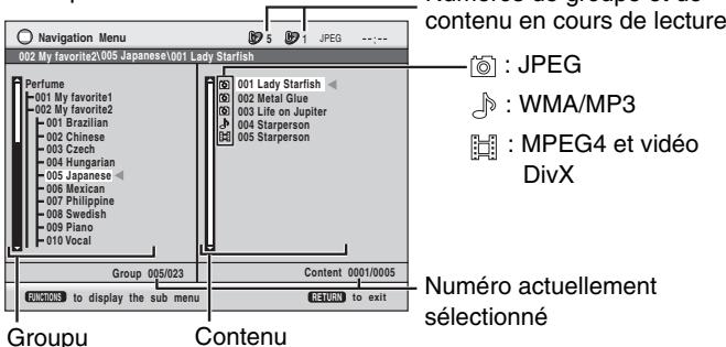 PANASONIC SC-HT335 - Pour dire le content d'un groupe dans l'ordre Appuyez sur [ENTER]. Pour lancer la lecture a partir du contentu selectionné Appuyez sur [ , ] pour selectionner et appuyez sur [ENTER]. - 1