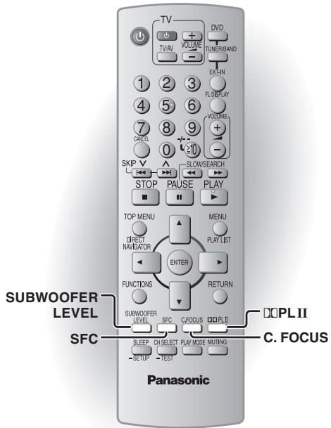 TV + VOLUME - DVD TUNERBAND EXT-IN FLU DISPLAY VOLUME + - SKIP SLOWSEARCH STOP PAUSE PLAY TOP MENU MENU DIRECT NAVIGATOR PLAY LIST ENTER FUNCTIONS RETURN SUBWOOFER LEVEL SFC C.FOCUS PLII SLEEP CHSelect PLAY MODE MUTTING SETUP TEST C. FOCUS Panasonic