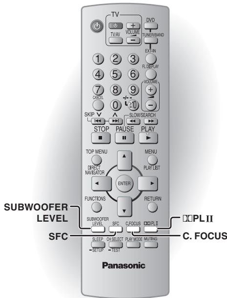 TV + VOLUME - DVD TUNERI BAND EX-IN FL DISPLAY VOLUME + - SKIP SLOWSEARCH STOP PAUSE PLAY TOP MENU MENU DIRECT NAVIGATOR PLAY LIST ENTER FUNCTIONS RETURN SUBWOOFER LEVEL SFC C.FOCUS C.PLI II SLEEP CHS ELECT PLAY MODE MUTTING -SETUP -TEST C. FOCUS Panasonic