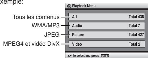 Playback Menu Tous les contenus——All Total 436 WMA/MP3——Audio Total 7 JPEG——Picture Total 427 MPEG4 et vidéo DivX——Video Total 2 ▼ to select and press ENTER