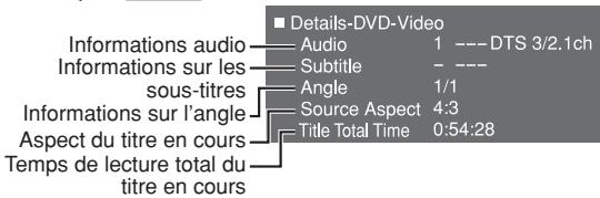Details-DVD-Video Informations audio Audio 1 --- DTS 3/2.1ch Informations sur les Subtitle --- --- sous-titres Angle 1/1 Informations sur l'angle Source Aspect 4:3 Aspect du titre en cours Title Total Time 0:54:28 Temps de lecture total du titre en cours