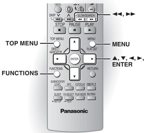 CANCEL SKIP STOP PULSE PLAY SLOW/SEARCH TOP MENU DIRECT NAVIGATOR MENU PLAY LIST ENTER FUNCTIONS RETURN SUBWOOFER LEVEL SFC CROCUS DI PL II SLEEP CH SELECT PLAY MODE MUTING SETUP TEST Δ,▼,←,►, MENU ▲,▼,←,►, ENTER FUNCTIONS Panasonic