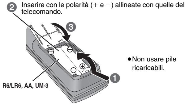 ② Inserire con le polarità (+ e -) allineate con quelle del telecomando. ③ R6/LR6, AA, UM-3 ● Non usare pile ricaricabili. ①