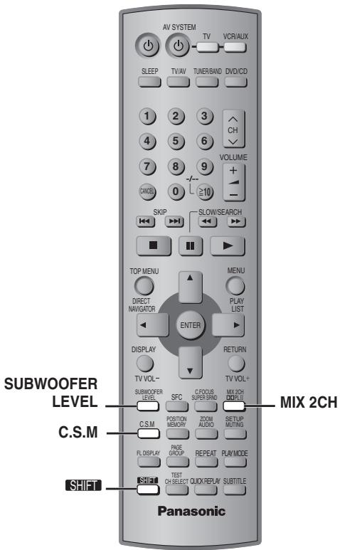 AV SYSTEM TV VCR/AUX SLEEP TV/AV TUNER/BAND DVD/CD 1 2 3 CH 4 5 6 VOLUME 7 8 9 + CXCEL 0 ≥10 SKIP SLOW/SEARCH TOP MENU MENU DIRECT NAVIGATOR PLAY LIST ENTER DISPLAY RETURN TV VOL- SUBWOOFER LEVEL SFC C/FOCUS SUPER SIND MIX 2CH C.S.M POSITION ZOOM SETUP MEMORY AUDIO MOTING PAGE REPEAT PLAYMODE FL DISPLAY GROUP TEST TEST QUICK/REPLY SUBTITLE SHIFT PANASONIC MIX 2CH