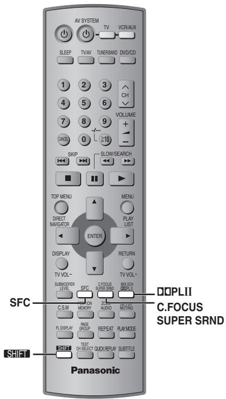 AV SYSTEM SLEEP TV/AV TUNER/BAND DVD/CD 1 2 3 4 5 6 VOLUME 7 8 9 + CANCEL 0 ≥10 - SKIP SLOW/SEARCH TOP MENU DIRECT NAVIGATOR ENTER DISPLAY TV VOL- SURW/OFFER LEVEL SFC C.FOCUS SUPER SRND MIX ICH DIO/II C.S.M ORDER MEMORY ZON KON AUDIO MOUTING FL DISPLAY PAGE GROUP REPEAT PLAY MODE SHIFT TEST ON SELECT QUICK/REPLAY SUBTITLE Panasonic DOPLII C.FOCUS SUPER SRND SHIFT