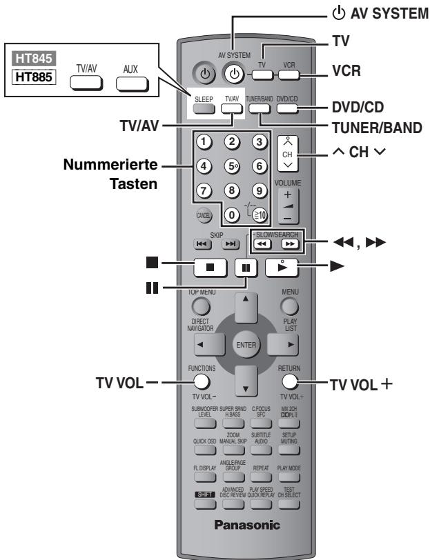 HT845 HT885 TV/AV AUX TV/AV Nummerierte Tasten AV SYSTEM TV VCR SLEEP TV/AV TUNER/BAND DVD/CD DVD/CD TUNER/BAND ^ CH √ 1 2 3 4 5 6 7 8 9 0 ≥10 VOLUME + + - SKIP SLOW/SEARCH <<, >> TOP MENU MENU DIRECT NAVIGATOR PLAY LIST ENTER FUNCTIONS RETURN TV VOL- TV VOL+ SURVOCER SUPER GND CFOCUS TV VOL+ LEVEL A BAGS SPC MILK SCH QUICK OSD MANUAL SKIP SUBTITLE SETUP ANGLE/PAGE REPEAT MUTING FL DISPLAY REPEAT PLAY MODE SETT PLAN SPEED TEST DISC REVIEW QUICK REPLAN ON SELECT Panasonic