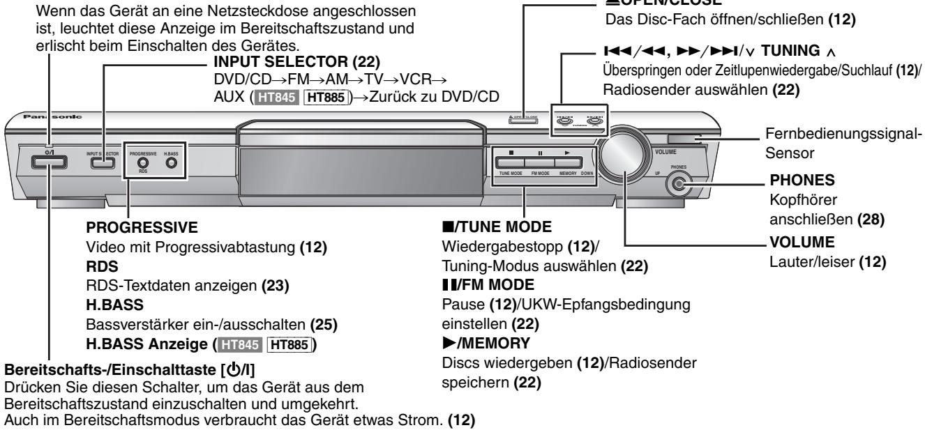 Wenn das Gerät an eine Netzsteckdose angeschlossen ist, leuchtet diese Anzeige im Bereitschaftszustand und erlischt beim Einschalten des Gerätes. INPUT SELECTOR (22) DVD/CD→FM→AM→TV→VCR→ AUX (HT845 HT885)→Zurück zu DVD/CD ■OPEN/CLOSE Das Disc-Fach öffnen/schließen (12) I< ▲OPEN/CLOSE Das Disc-Fach öffnen/schließen (12) ◀◀/◀◀, ▶▶/▶▶I/v TUNING ∧ Überspringen oder Zeitlupenwiedergabe/Suchlauf (12)/Radiosender auswählen (22) text_image INPUT SELECTOR (22) DVD/CD→FM→AM→TV→VCR→ AUX (HT845 HT885)→Zurück zu DVD/CD ■/TUNE MODE Wiedergabestopp (12)/ Tuning-Modus auswählen (22) ■/FM MODE Pause (12)/UKW-Epfangsbedingung einstellen (22) ►/MEMORY Discs wiedergeben (12)/Radiosender speichern (22) PROGRESSIVE Video mit Progressivabtastung (12) RDS RDS-Textdaten anzeigen (23) H.BASS Bassverstärker ein-/ausschalten (25) H.BASS Anzeige (HT845 HT885) Bereitschafts-/Einschalttaste [Ø/I] Drücken Sie diesen Schalter, um das Gerät aus dem Bereitschaftszustand einzuschalten und umgekehrt. Auch im Bereitschaftsmodus verbraucht das Gerät etwas Strom. (12)