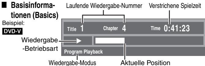 Basisinformationen (Basics) Beispiel: DVD-V Laufende Wiedergabe-Nummer Verstrichene Spielzeit Title 1 Chapter 4 Time 0:41:23 Wiedergabe-Betriebsart Program Playback Wiedergabe-Modus Aktuelle Position