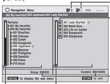 Navigation Menu 002 My favorite2/005 Japanese/001 Lady Starfish Perfume 001 My favorite1 002 My favorite2 001 Brazilian 002 Chinese 003 Czech 004 Hungarian 005 Japanese 006 Mexican 007 Philippine 008 Swedish 009 Piano 010 Vocal Group 005/023 Content 0001/0005 FUNCTIONS to display the sub menu RETURN to exit
