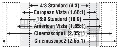 4:3 Standard (4:3) European Vista (1.66:1) 16:9 Standard (16:9) American Vista (1.85:1) Cinemascope1 (2.35:1) Cinemascope2 (2.55:1)