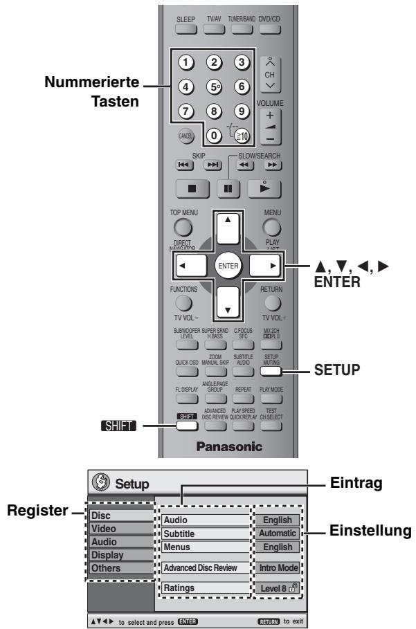 Nummerierte Tasten SLEEP TV/W TUNER/BAND DVD/CD 1 2 3 4 5 6 7 8 9 VOLUME + - 0 10 SKIP SLOW/SEARCH TOP MENU DIRECT PLAY LIST ENTER FUNCTIONS RETURN TV VOL~ SUBW/OFER SUPER SRND C/FOCUS MIX X/DH LEVEL R/BASS SPC DOP/LII ZOOM SUBTITLE SETUP QUICK OSD AUDIO ADDU FL DISPLAY REPEAT PLAY MODE SHIFT ADVANCED PLAY SPEED TEST DISC REVIEW QUICK REPLAY CH SELECT SETUP PANASONIC SHIFT EINtrag Register Setup Audio English Video Subtitle Automatic Audio Menus English Display Advanced Disc Review Intro Mode Others Ratings Level 8 (1) to select and press ENTER RETURN to exit