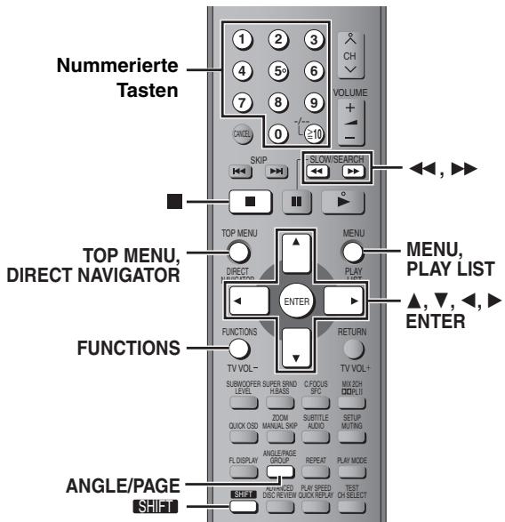 Nummerierte Tasten TOP MENU, DIRECT NAVIGATOR FUNCTIONS ANGLE/PAGE SHIFT 1 2 3 4 5° 6 7 8 9 0 ≥10 SKIP SLOW/SEARCH MENU PLAY LIST ▲, ▼, ←, ► ▼, ► ▼, ► ▼, ► ▼, ► ▼, ► ▼, ► ▼, ► ▼, ► ▼, ► ▼, ► ▼, ► ▼, ► ▼, ► ▼, ► ▼, ► ▼, ► ▼, ► ▼, ► ▼, ► ▼, ► ▼, ► ▼, ► ▼, ► ▼, ► ▼, ► ▲, ▼, ←, ► ▲, ▼, ←, ► ▲, ▼, ←, ► ▲, ▼, ←, ►