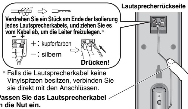 Verdrehen Sie ein Stück am Ende der Isolierung jedes Lautsprecherkabels, und ziehen Sie es vom Kabel ab, um die Leiter freizulegen.* + : kupferfarben - : silbern Drücken! * Falls die Lautsprecherkabel keine Vinylspitzen besitzen, verbinden Sie sie direkt mit den Anschlüssen. passen Sie das Lautsprecherkabel in die Nut ein. Lautsprecherrückseite