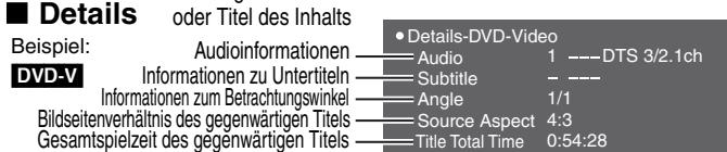 Details oder Titel des Inhalts Beispiel: Audioinformationen —— Audio 1 ---DTS 3/2.1ch DVD-V Informationen zu Untertiteln —— Subtitle —--- Informationen zum Betrachtungswinkel —— Angle 1/1 Bildseitenverhältnis des gegenwärtigen Titels —— Source Aspect 4:3 Gesamtspielzeit des gegenwärtigen Titels —— Title Total Time 0:54:28