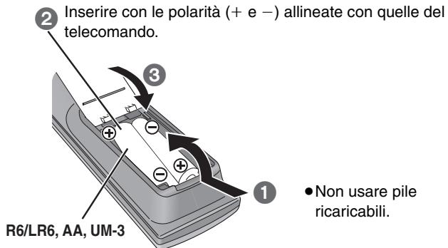 ② Inserire con le polarità (+ e -) allineate con quelle del telecomando. ③ R6/LR6, AA, UM-3 ① • Non usare pile ricaricabili.
