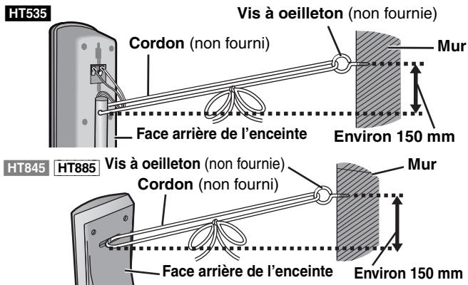 HT535 Vis à oeilleton (non fournie) Cordon (non fourni) Face arrière de l'enceinte Environ 150 mm HT845 HT885 Vis à oeilleton (non fournie) Cordon (non fourni) Face arrière de l'enceinte Environ 150 mm