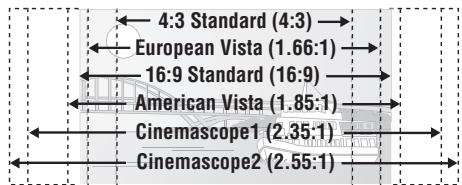 4:3 Standard (4:3) European Vista (1.66:1) 16:9 Standard (16:9) American Vista (1.85:1) Cinemascope1 (2.35:1) Cinemascope2 (2.55:1)
