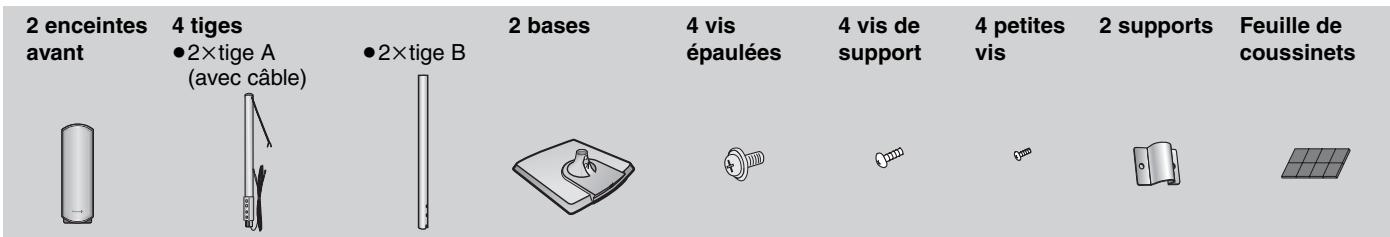 2 enceintes avant 4 tiges ●2×tige A (avec câble) ●2×tige B 2 bases 4 vis épaulées 4 vis de support 4 petites vis 2 supports Feuille de coussinets