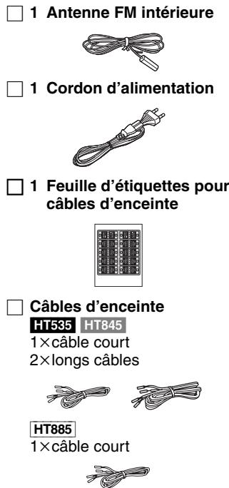 1 Antenne FM intérieure 1 Cordon d'alimentation 1 Feuille d'étiquettes pour câbles d'enceinte Câbles d'enceinte HT535 HT845 1×câble court 2×longs câbles HT885 1×câble court