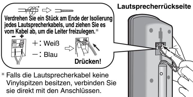 Verdrehen Sie ein Stück am Ende der Isolierung jedes Lautsprecherkabels, und ziehen Sie es vom Kabel ab, um die Leiter freizulegen.* + : Weiß - : Blau Drücken! * Falls die Lautsprecherkabel keine Vinylspitzen besitzen, verbinden Sie sie direkt mit den Anschlüssen. Lautsprecherrückseite