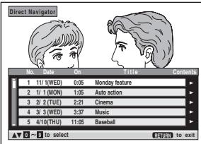 Direct Navigator No. Date No. Title Contents 1 1/1 (WED) 0:05 Monday feature 2 1/1 (MON) 1:05 Auto action 3 2/2 (TUE) 2:21 Cinema 4 3/3 (WED) 3:37 Cinema 5 4/10 (THU) 11:05 Baseball ✓ - to select