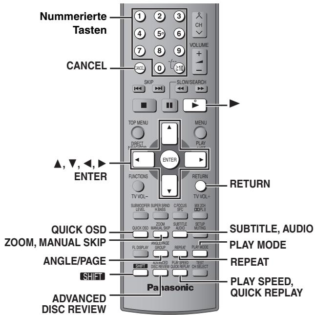 Nummerierte Tasten CANCEL ▲, ▼, ←, ENTER FUNCTIONS RETURN TV VOL+ SUBMOOFER SUPER SRND C FOCUS LEVEL H.BASS SFC QUICK OSD MANUAL SKIP SUBTITLE AUDIO AUDIO SETUP FL DISPLAY REPEAT PLAY MODE SHIFT PLAN SPEED TEST DISC REVIEW QUICK REPLAY Pancasonic PLAY SPEED, QUICK REPLAY QUICK OSD ZOOM, MANUAL SKIP ANGLE/PAGE SHIFT ADVANCED DISC REVIEW RETURN VOLUME CH VOLUME ▲1 2 3 4 5 6 7 8 9 0 10 ▲10 ▲10 ▼10 ▼10 ▼10 ▼10 ▼10 ▼10 ▼10 ▼10 ▼10 ▼10 ▼10 ▼10 ▼10 ▼10 ▼10