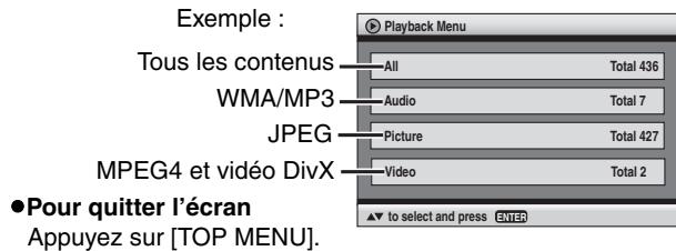 Exemple : Tous les contenus All Total 436 WMA/MP3 Audio Total 7 JPEG Picture Total 427 MPEG4 et vidéo DivX Video Total 2 ●Pour quitter l'écran Appuyez sur [TOP MENU]. ▼ to select and press ENTER