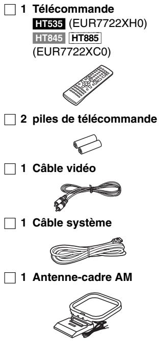 1 Télécommande HT535 (EUR7722XH0) HT845 HT885 (EUR7722XC0) 2 piles de télécommande 1 Câble vidéo 1 Câble système 1 Antenne-cadre AM