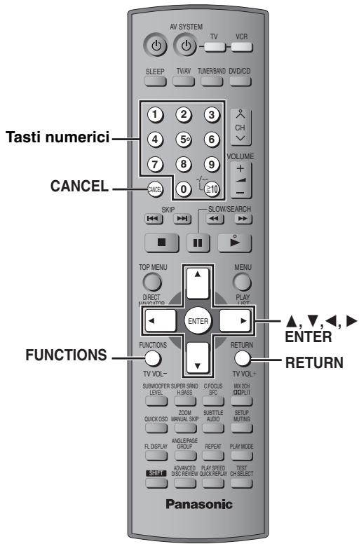 Tasti numerici CANCEL FUNCTIONS Panasonic AV SYSTEM TV VCR SLEEP TV/AV TUNER/BAND DVD/CD 1 2 3 4 5 6 7 8 9 0 ≥10 SKIP SLOW/SEARCH TOP MENU DIRECT HOLDING ENTER FUNCTIONS TV VOL- SUBWOOFER SUPER SIND C FOCUS LEVEL H.BASS SFC QUICK OSD MANUAL SKIP FLI DISPLAY REPEAT PLAY MODE SETUP ADDICED PLAY SPEED TEST ODS REVIEW QUICK/REPLY CH SELECT VOLUME + ▲, ▼, ←, ► RETURN ▲, ▼, ←, ► RETURN