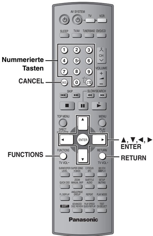 Nummerierte Tasten CANCEL FUNCTIONS Panasonic AV SYSTEM TV VCR SLEEP TV/AV TUNER/BAND DVD/CD 1 2 3 4 5 6 7 8 9 0 ≥10 SKIP SLOW/SEARCH TOP MENU MENU DIRECT PLAY LIST ENTER FUNCTIONS RETURN TV VOL- SUBWOOFER SUPER SRND CFOCUS LEVEL H.BASS SRC MIX/CH ZOOM SUBTITLE SETUP QUICK OSD AUDIO MOTING FL DISPLAY REPEAT PLAY MODE ANGLEPAGE TEST GROUP QUICK/REVIEW QUICK/REVIEW CH-SELECT ADVANCED PLAY SPEED TEST SEE REVIEW QUICK/REVIEW CH-SELECT