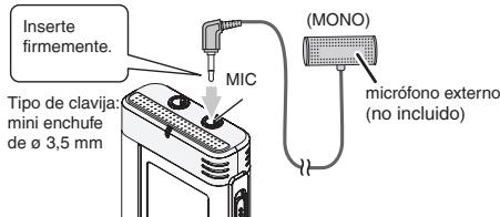 Inserte firmemente. Tipo de clavija: mini enchufe de ø 3,5 mm MIC (MONO) micrófono externo (no incluido)