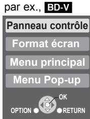 par ex., BD-V Panneau contrôle Format écran Menu principal Menu Pop-up OPTION OK RETURN