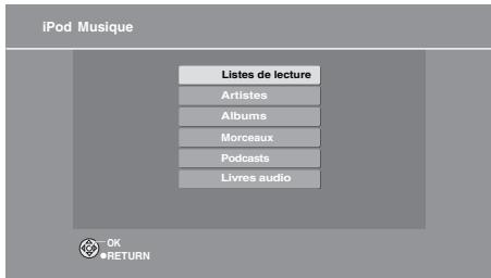 iPod Musique Listes de lecture Artistes Albums Morceaux Podcasts Livres audio OK RETURN