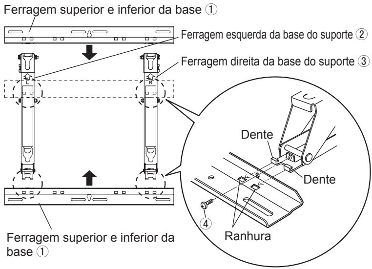 Ferragem superior e inferior da base ① Ferragem esquerda da base do suporte ② Ferragem direita da base do suporte ③ Ferragem superior e inferior da base ① Dente Dente Ranhura ④