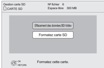 Gestion carte SD N° fichier 6 CARTE SD Espace libre 300 MB Effacement des données BD-Vidéo Formatez carte SD OK RETURN Formatez cette carte.