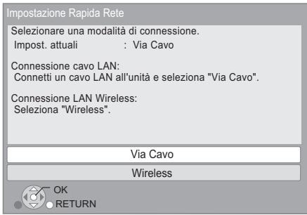 Impostazione Rapida Rete Selezionare una modalità di connessione. Impost. attuali : Via Cavo Connessione cavo LAN: Connetti un cavo LAN all'unità e seleziona "Via Cavo". Connessione LAN Wireless: Seleziona "Wireless". Via Cavo Wireless OK RETURN