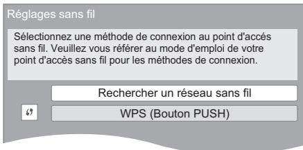 Réglages sans fil Sélectionnez une méthode de connexion au point d'accès sans fil. Veuillez vous référer au mode d'emploi de votre point d'accès sans fil pour les méthodes de connexion. Rechercher un réseau sans fil WPS (Bouton PUSH)