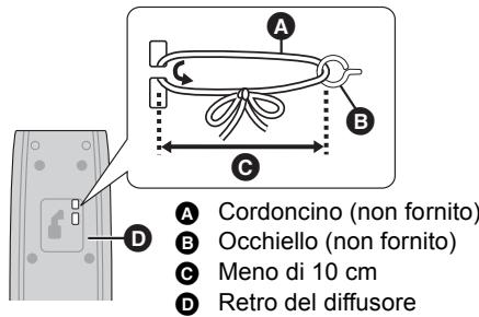 A B C D A Cordoncino (non fornito) B Occhiello (non fornito) C Meno di 10 cm D Retro del diffusore