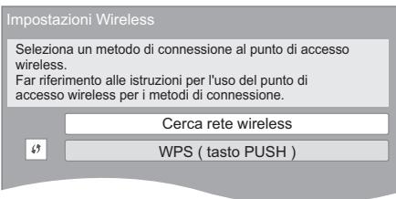 Impostazioni Wireless Seleziona un metodo di connessione al punto di accesso wireless. Far riferimento alle istruzioni per l'uso del punto di accesso wireless per i metodi di connessione. Cerca rete wireless WPS ( tasto PUSH )