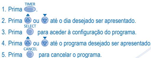 1. Prima TIMER 2. Prima ou até o dia desejado ser apresentado. 3. Prima SELECT para aceder à configuração do programa. 4. Prima ou até o programa desejado ser apresentado. 5. Prima CANCEL para cancelar o programa.